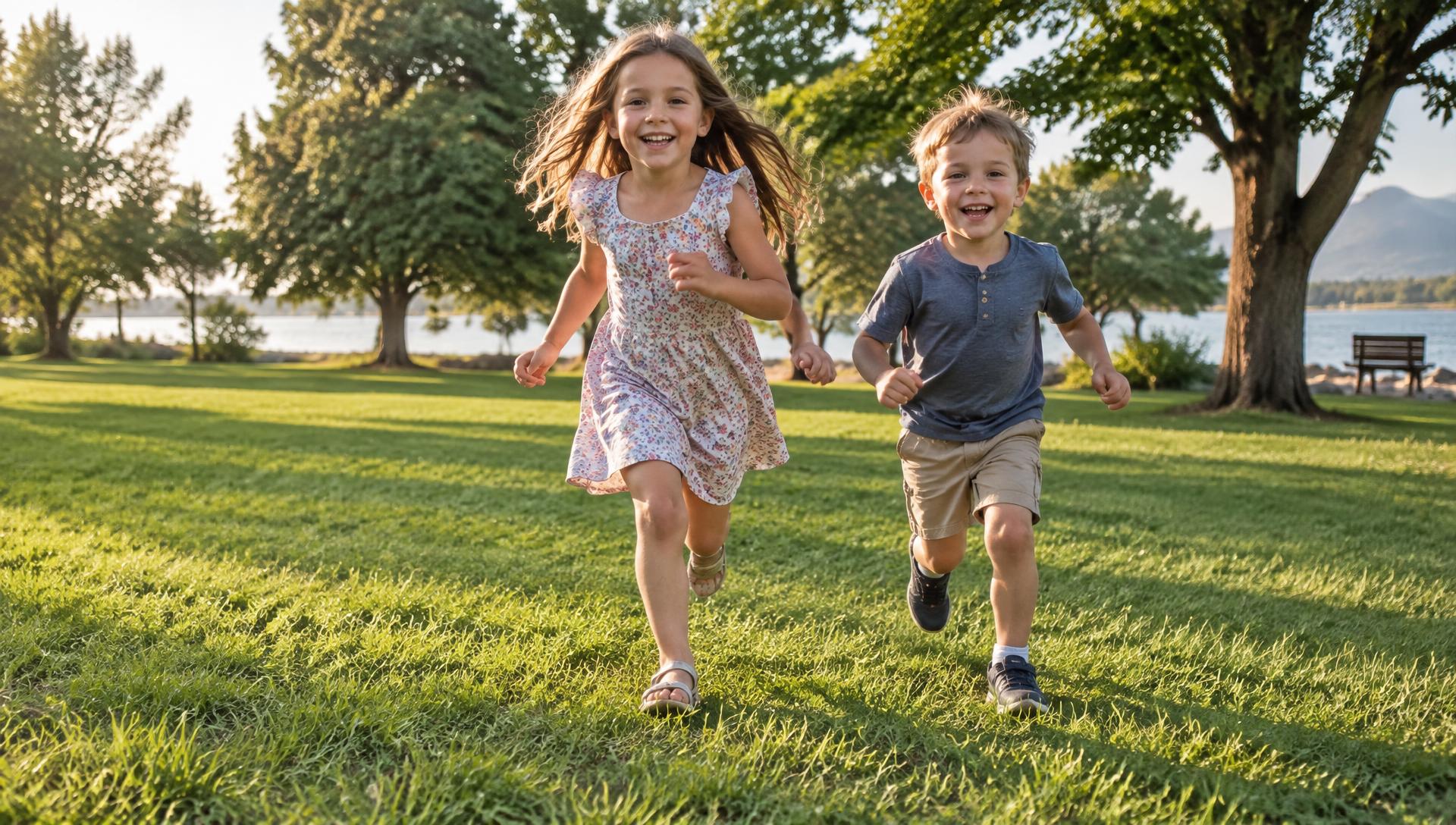 Two smiling grandchildren running toward their grandparent in a sunlit park